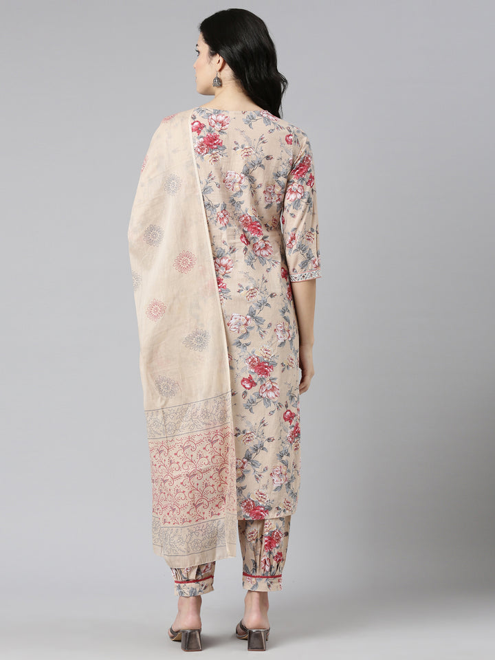 Neerus Beige printed straight kurta set with dupatta - side view