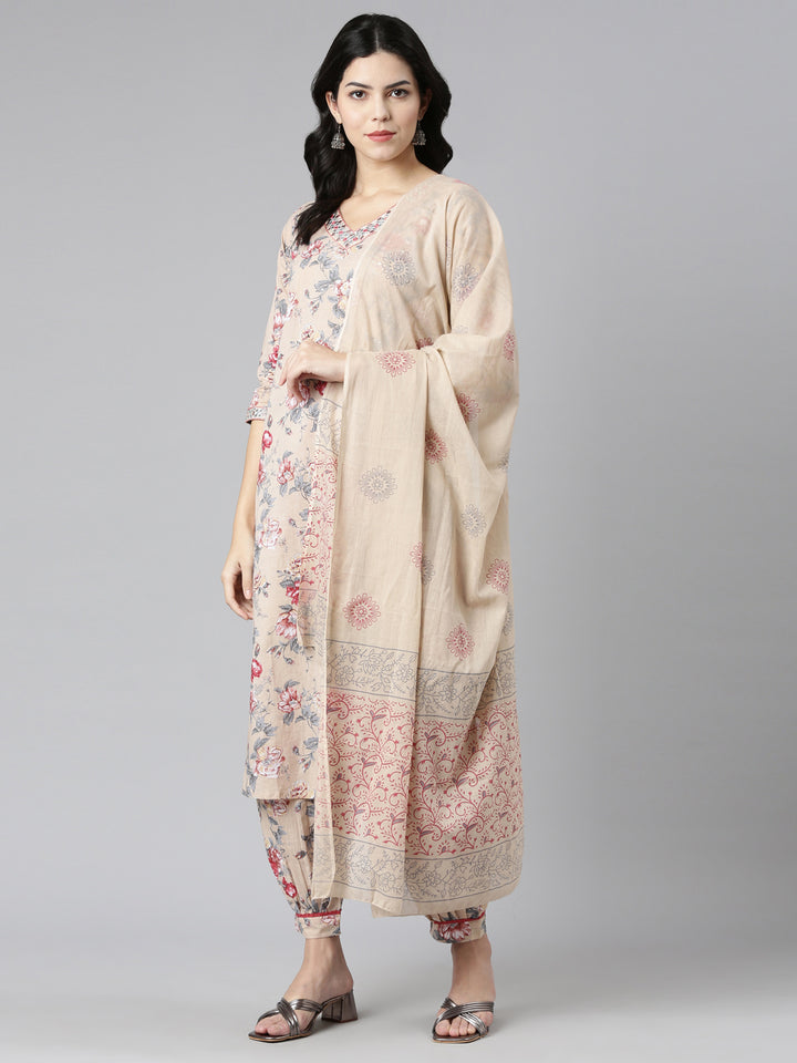 Neerus Beige printed straight kurta set with dupatta - detail view 2