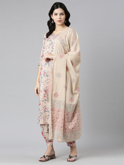 Neerus Cream Regular Straight Printed Kurta And Salwar With Dupatta