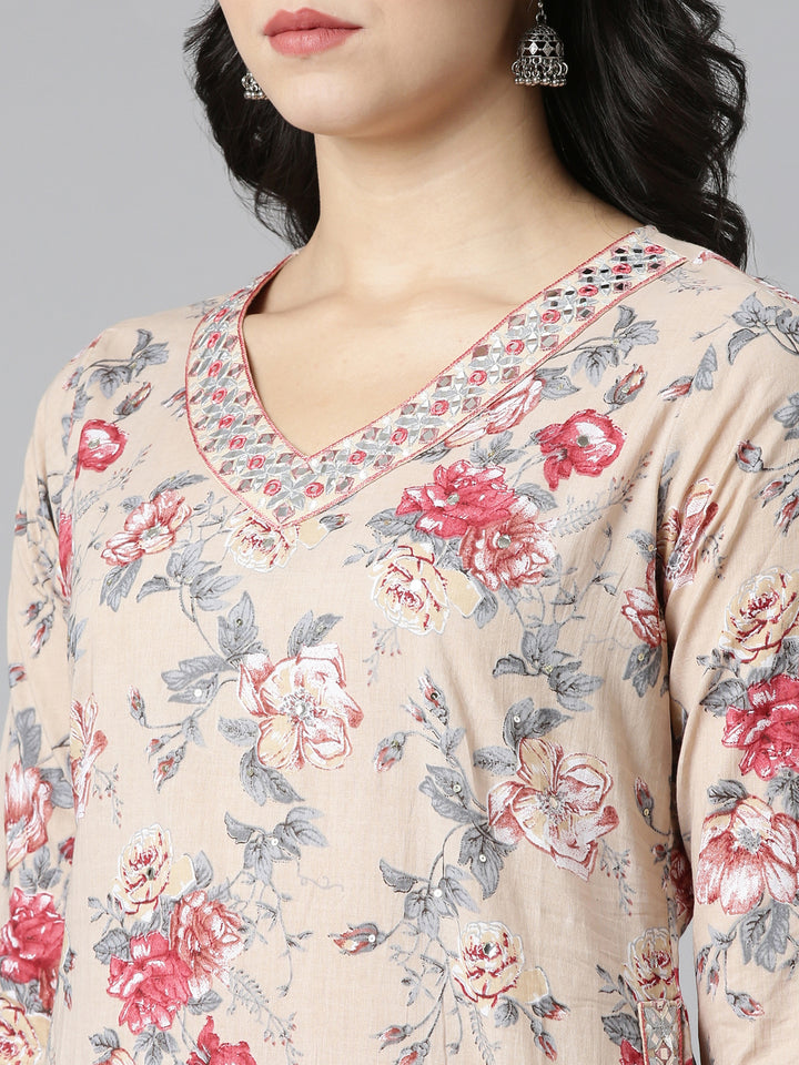 Neerus Beige printed straight kurta set with dupatta - detail view 1