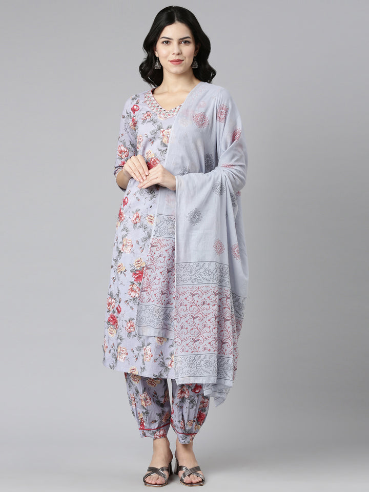 Neerus Grey printed straight kurta set with salwar and dupatta - front view