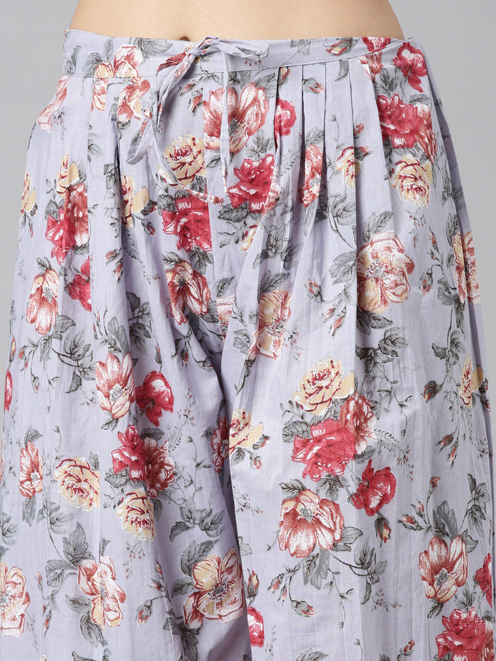 Neerus Grey printed straight kurta set with salwar and dupatta - detail view 3