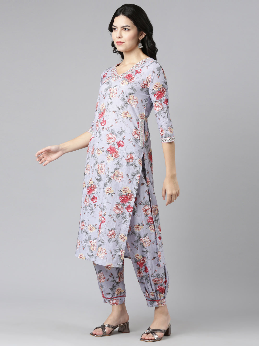 Neerus Grey printed straight kurta set with salwar and dupatta - back view