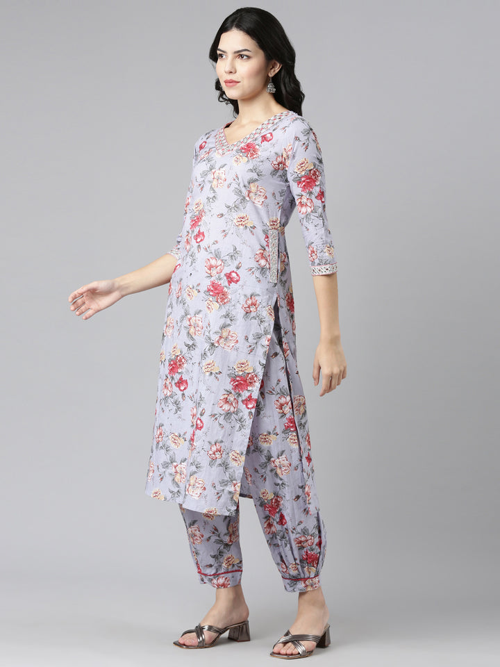 Neerus Grey printed straight kurta set with salwar and dupatta - back view