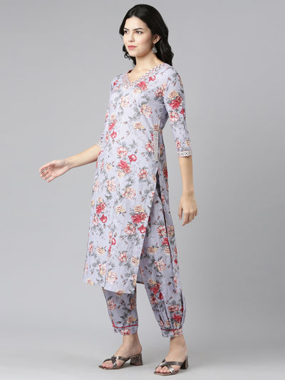 Neerus Grey Regular Straight Printed Kurta And Salwar With Dupatta