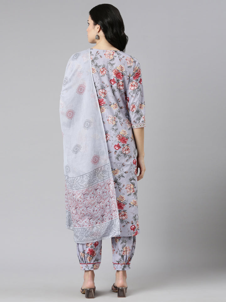 Neerus Grey printed straight kurta set with salwar and dupatta - side view