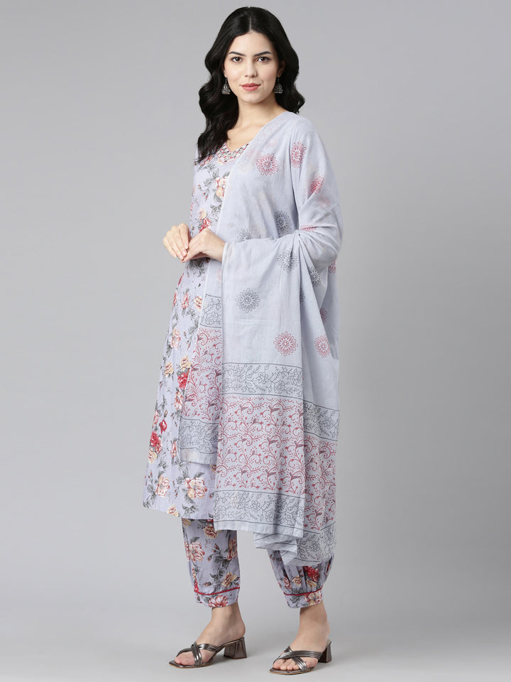 Neerus Grey printed straight kurta set with salwar and dupatta - detail view 2