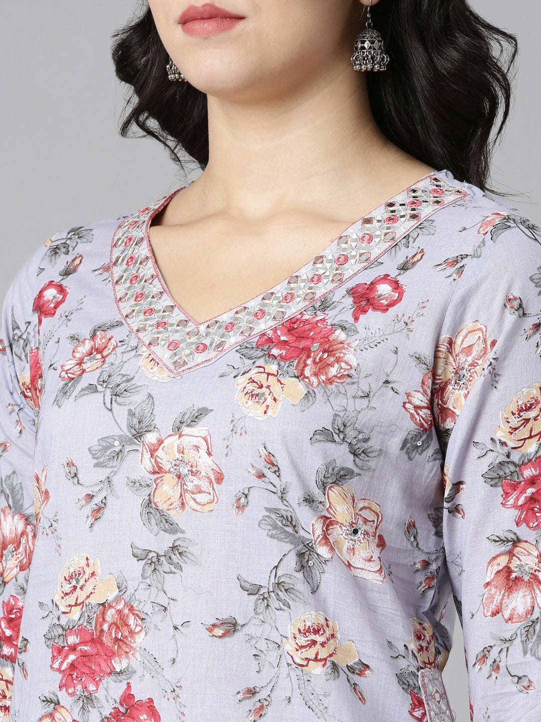 Neerus Grey printed straight kurta set with salwar and dupatta - detail view 1