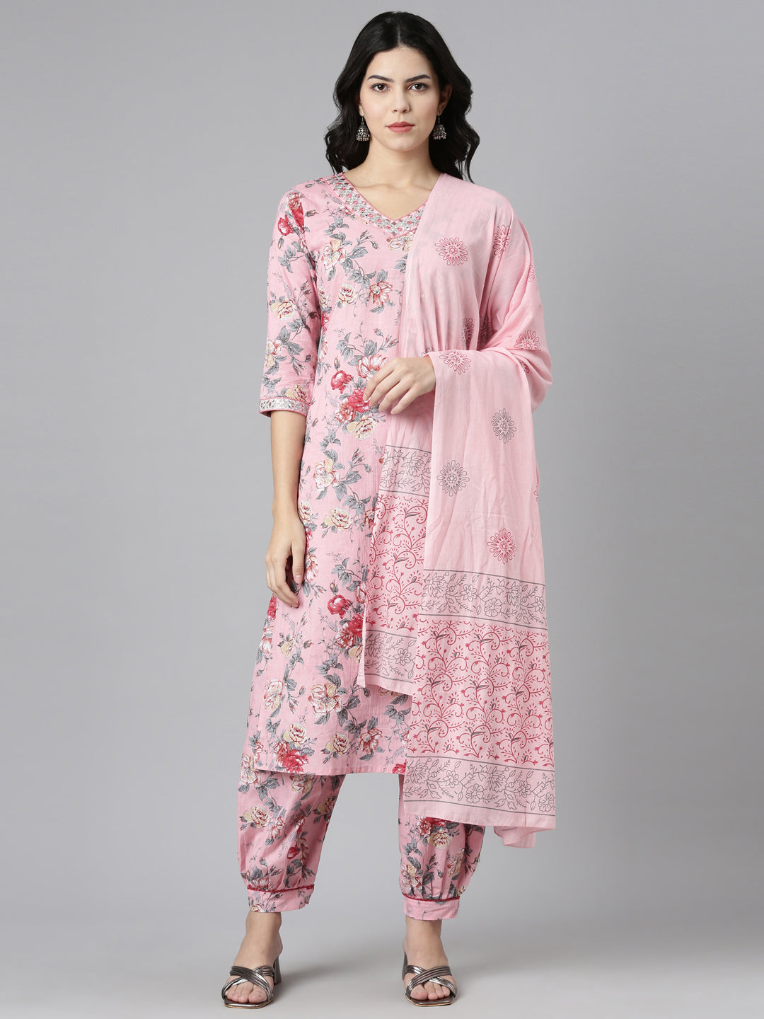 Neeru's Pink Regular Straight Printed Kurta And Salwar With Dupatta