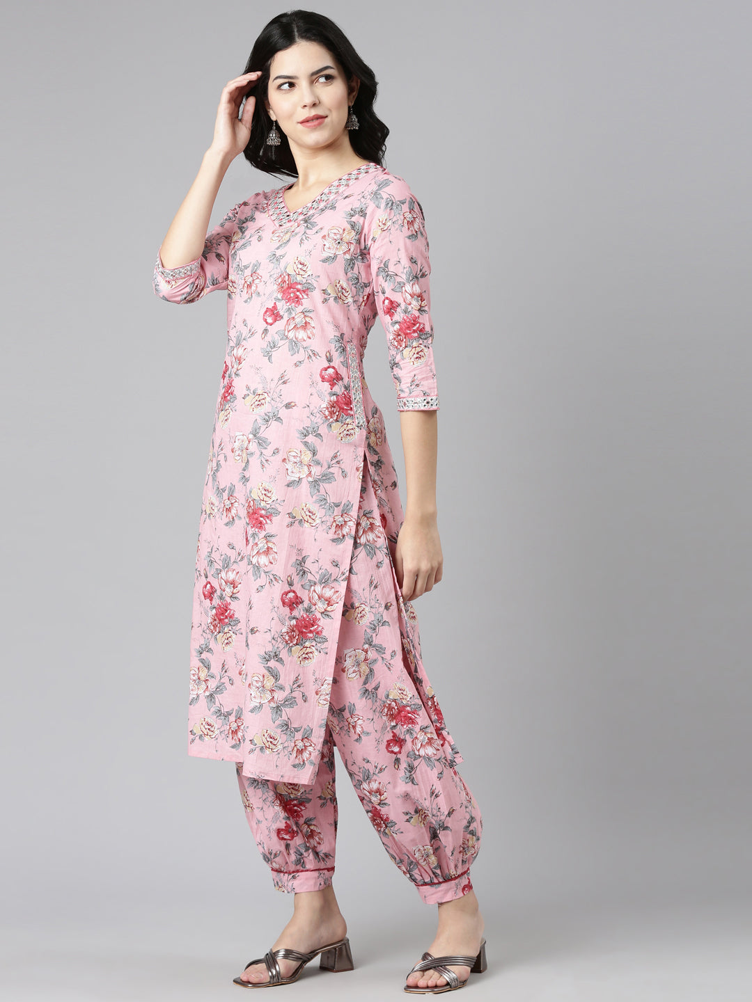 Neerus Pink Regular Straight Printed Kurta And Salwar With Dupatta
