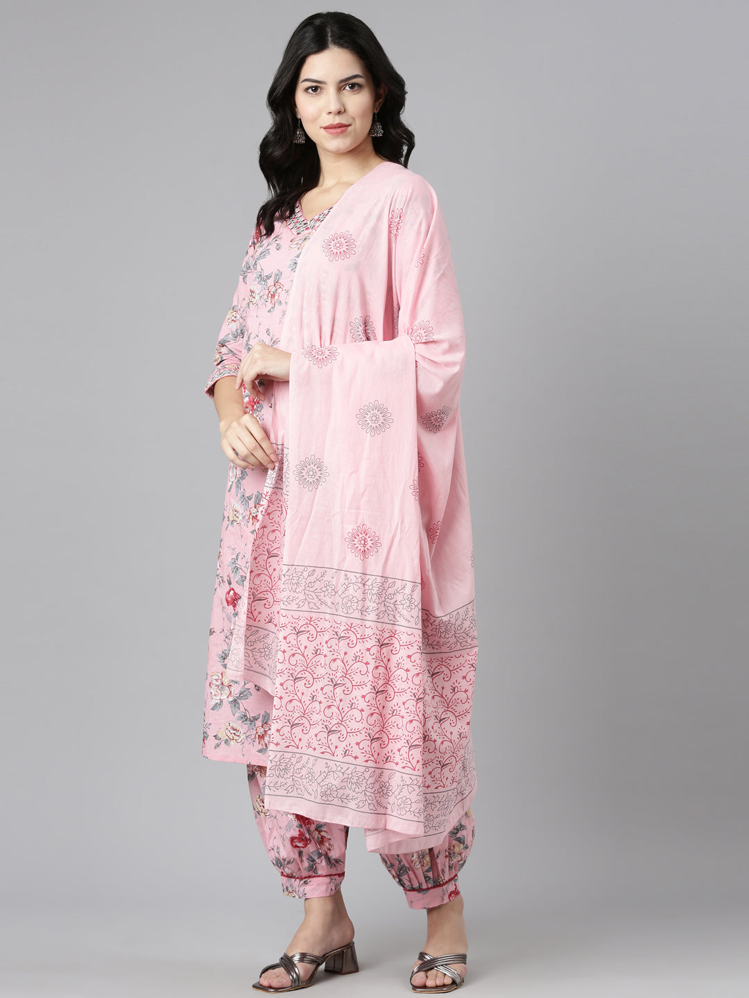 Neerus Pink Regular Straight Printed Kurta And Salwar With Dupatta