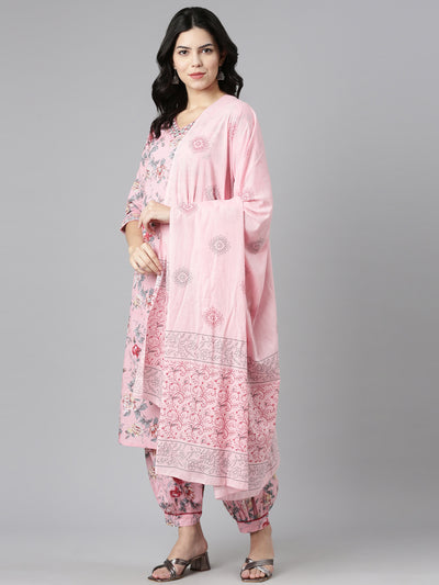 Neeru's Pink Regular Straight Printed Kurta And Salwar With Dupatta