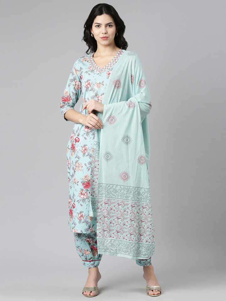 Neerus Green printed straight kurta set with dupatta - front view