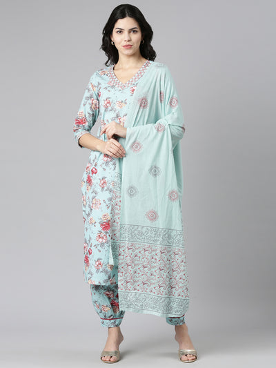 Neerus Sea Green Regular Straight Printed Kurta And Salwar With Dupatta