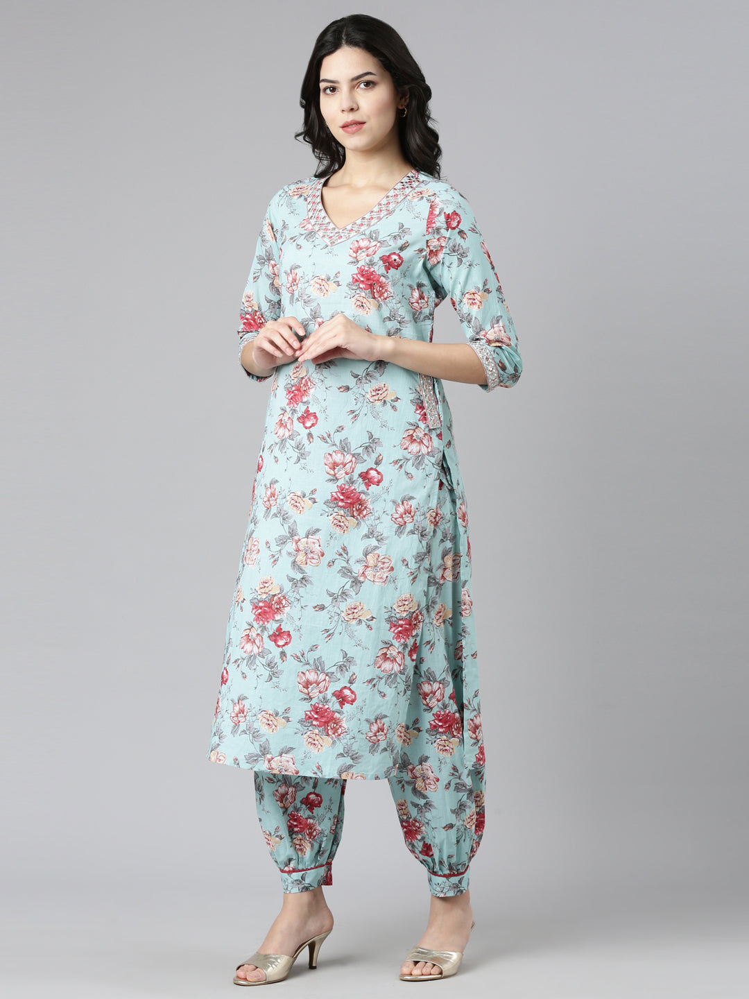 Neerus Green printed straight kurta set with dupatta - back view