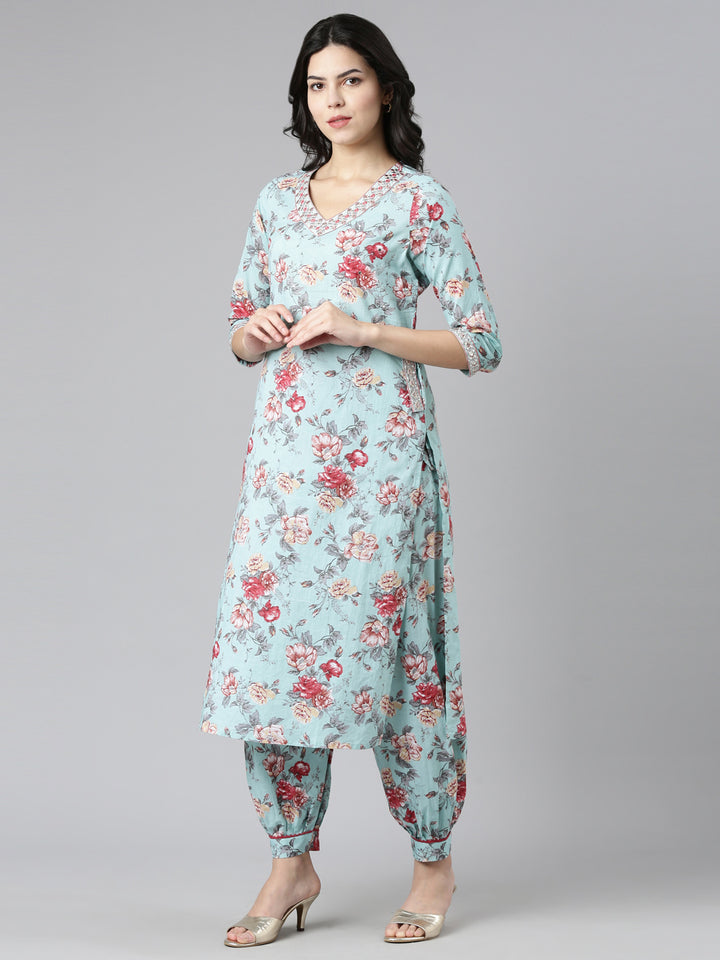 Neerus Green printed straight kurta set with dupatta - back view