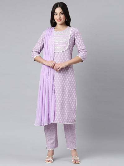 Neerus Lavender Regular Straight Floral Kurta And Trousers With Dupatta