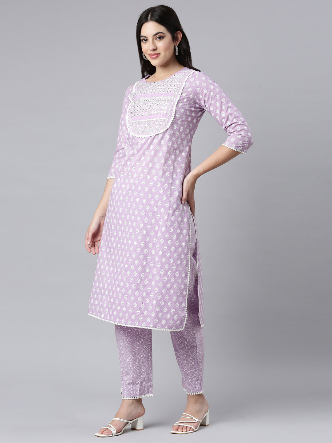 Neerus Lavender Regular Straight Floral Kurta And Trousers With Dupatta