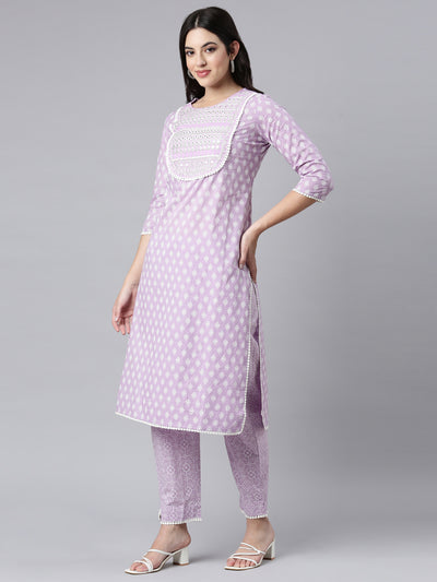 Neerus Lavender Regular Straight Floral Kurta And Trousers With Dupatta