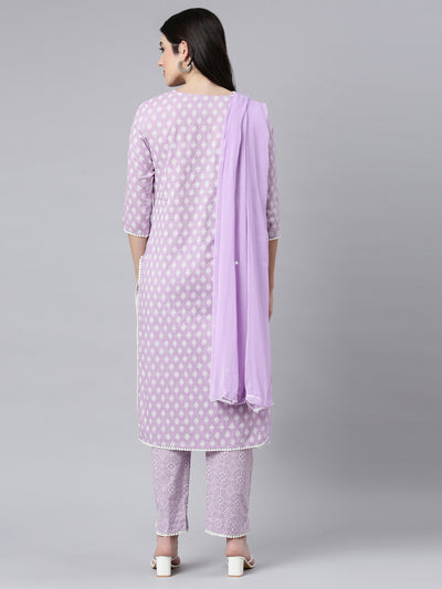 Neerus Lavender Regular Straight Floral Kurta And Trousers With Dupatta