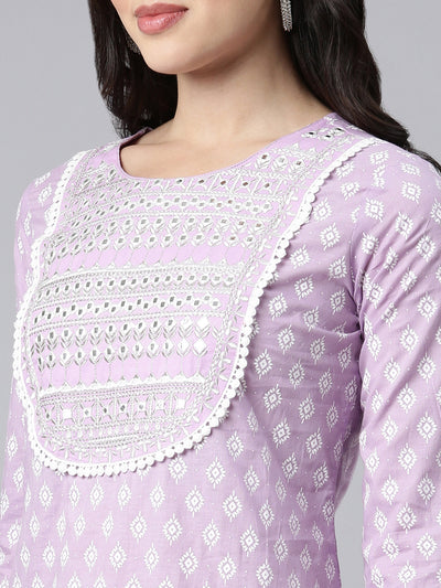 Neerus Lavender Regular Straight Floral Kurta And Trousers With Dupatta
