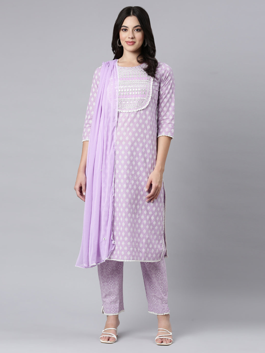 Neerus Lavender Regular Straight Floral Kurta And Trousers With Dupatta