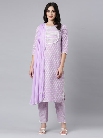 Neerus Lavender Regular Straight Floral Kurta And Trousers With Dupatta