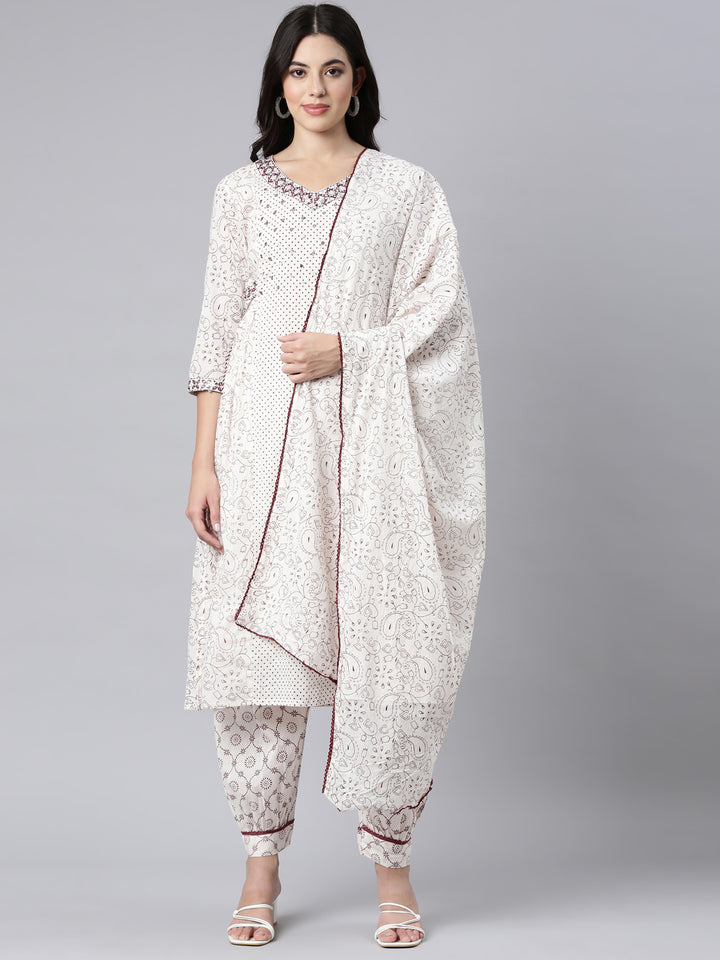 Neerus Off White Regular Straight Paisley Kurta And Salwar With Dupatta
