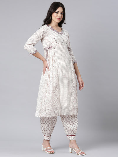 Neerus Off White Regular Straight Paisley Kurta And Salwar With Dupatta