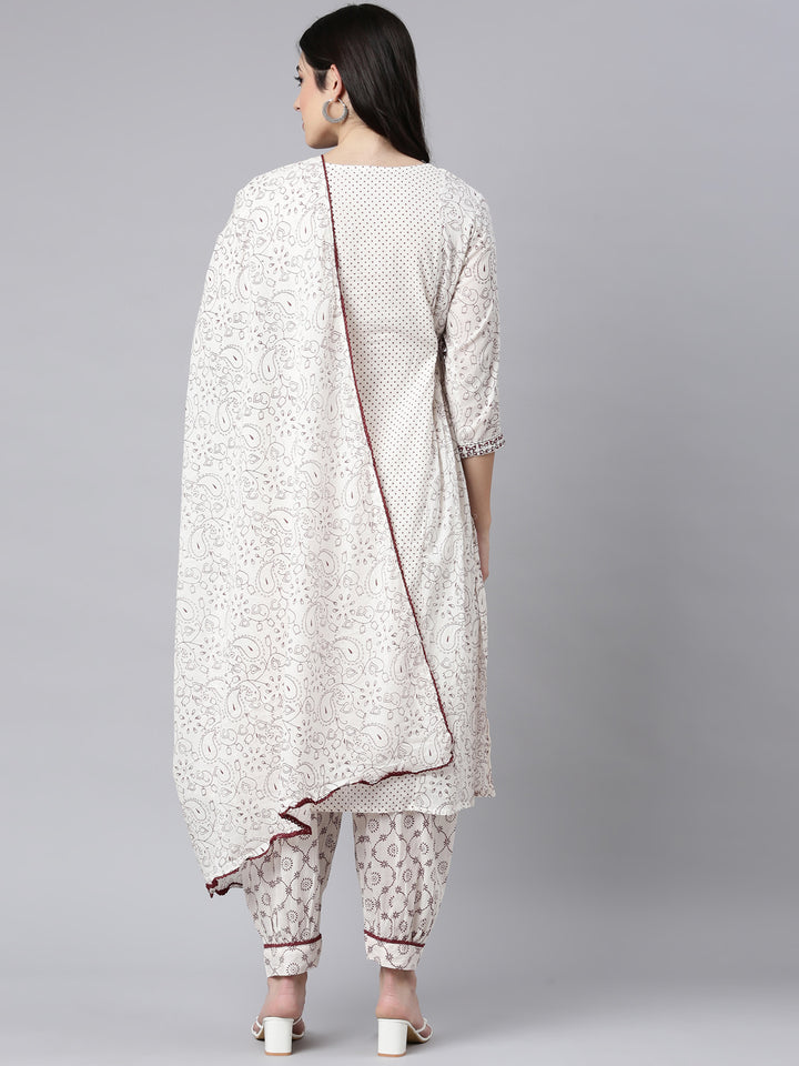 Neerus Off White Regular Straight Paisley Kurta And Salwar With Dupatta