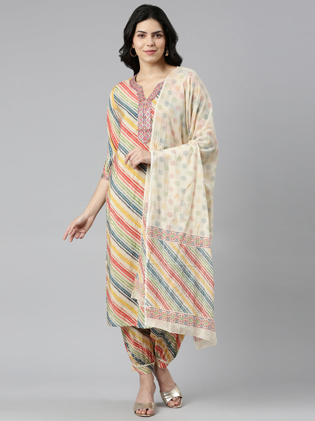 Neerus Beige Regular Straight Printed Kurta And Salwar With Dupatta