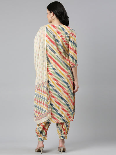 Neerus Beige Regular Straight Printed Kurta And Salwar With Dupatta