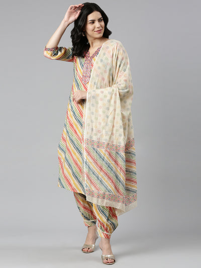 Neerus Beige Regular Straight Printed Kurta And Salwar With Dupatta