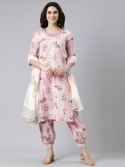 Neerus Pink Regular Straight Floral Kurta And  Salwar With Dupatta