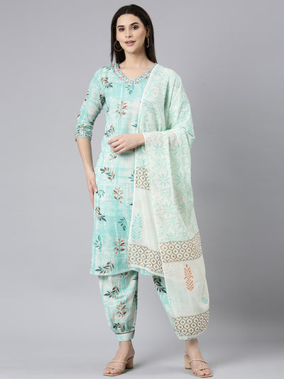 Neerus Sea Green Regular Straight Floral Kurta And Salwar With Dupatta