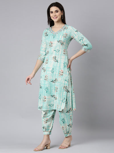 Neerus Sea Green Regular Straight Floral Kurta And Salwar With Dupatta