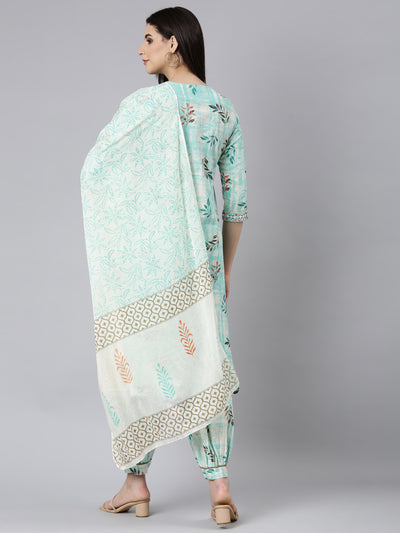 Neerus Sea Green Regular Straight Floral Kurta And Salwar With Dupatta