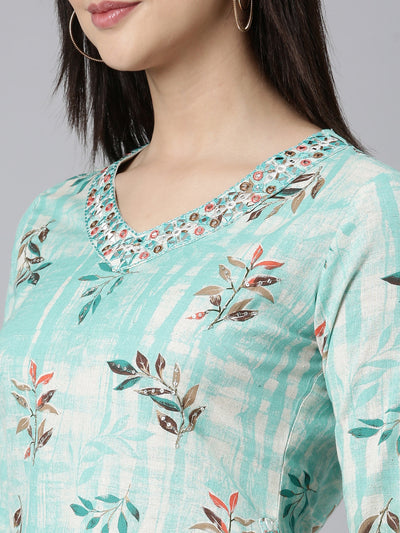 Neerus Sea Green Regular Straight Floral Kurta And Salwar With Dupatta