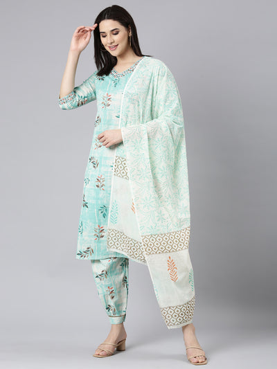 Neerus Sea Green Regular Straight Floral Kurta And Salwar With Dupatta