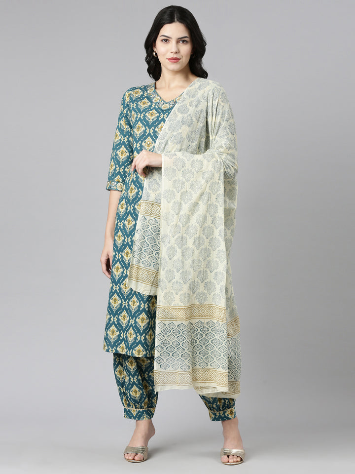 Neerus Green Regular Straight Printed Kurta And Salwar With Dupatta