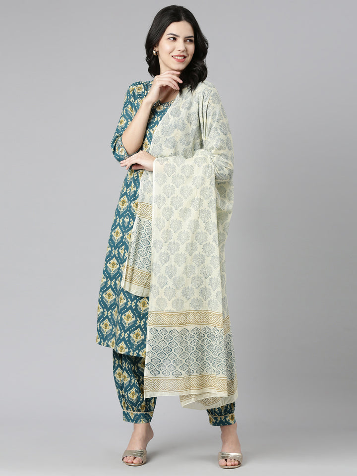 Neerus Green Regular Straight Printed Kurta And Salwar With Dupatta