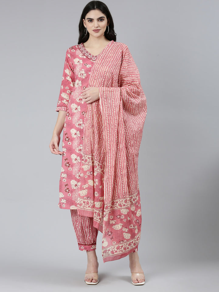 Neerus Pink Regular Straight Floral Kurta Sets And Salwar With Dupatta