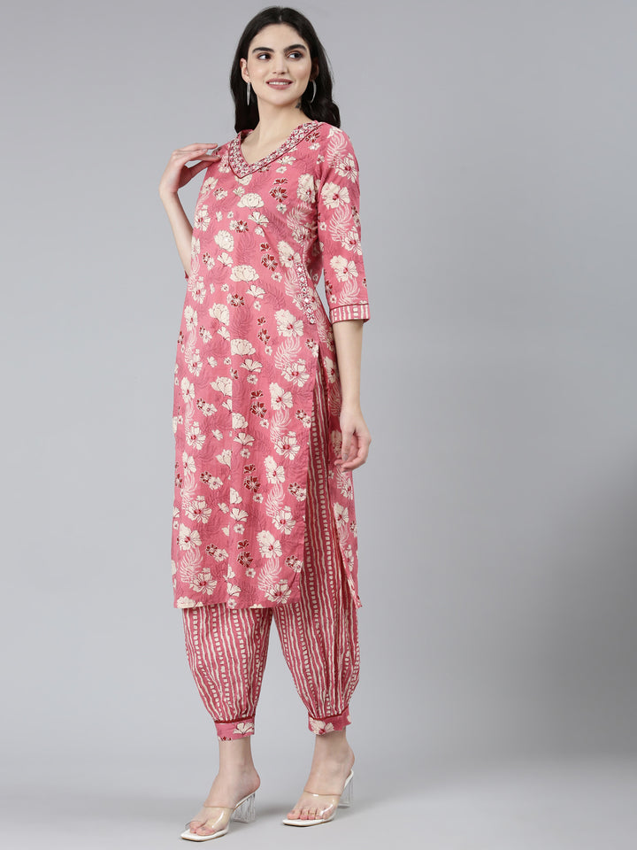 Neerus Pink Regular Straight Floral Kurta Sets And Salwar With Dupatta