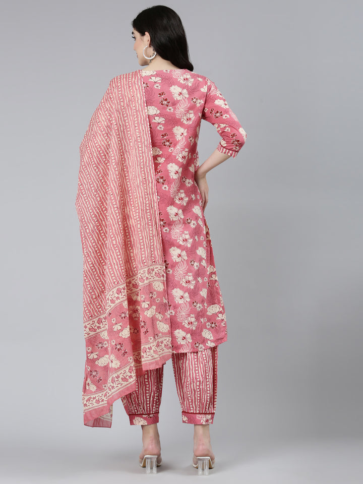 Neerus Pink Regular Straight Floral Kurta Sets And Salwar With Dupatta