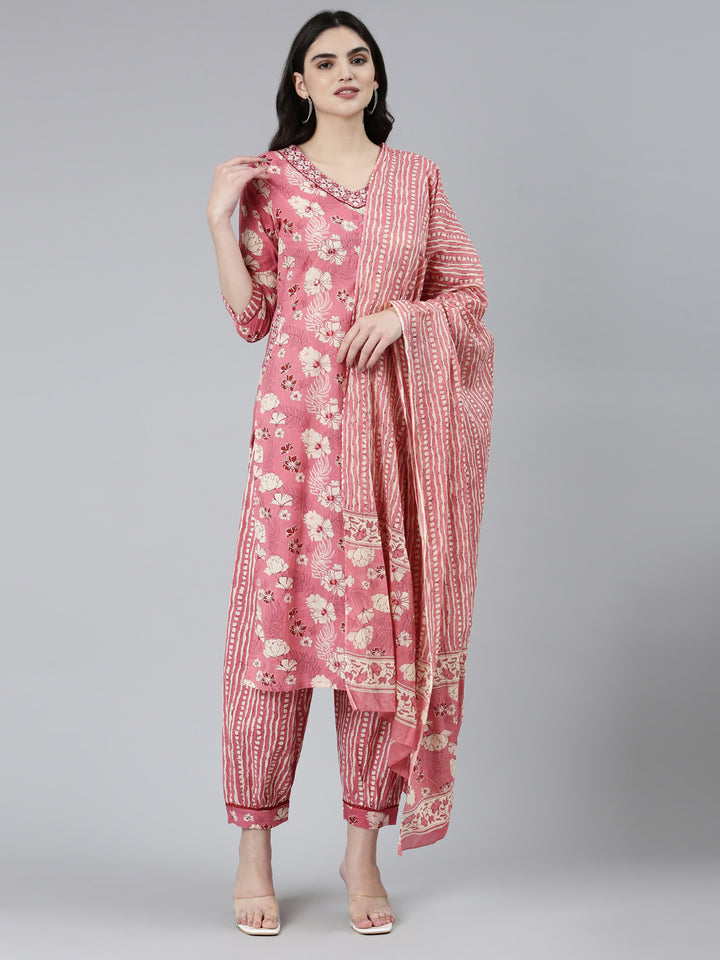 Neerus Pink Regular Straight Floral Kurta Sets And Salwar With Dupatta