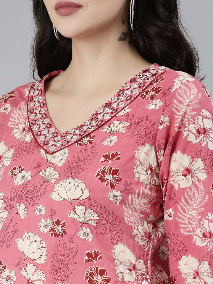 Neerus Pink Regular Straight Floral Kurta Sets And Salwar With Dupatta