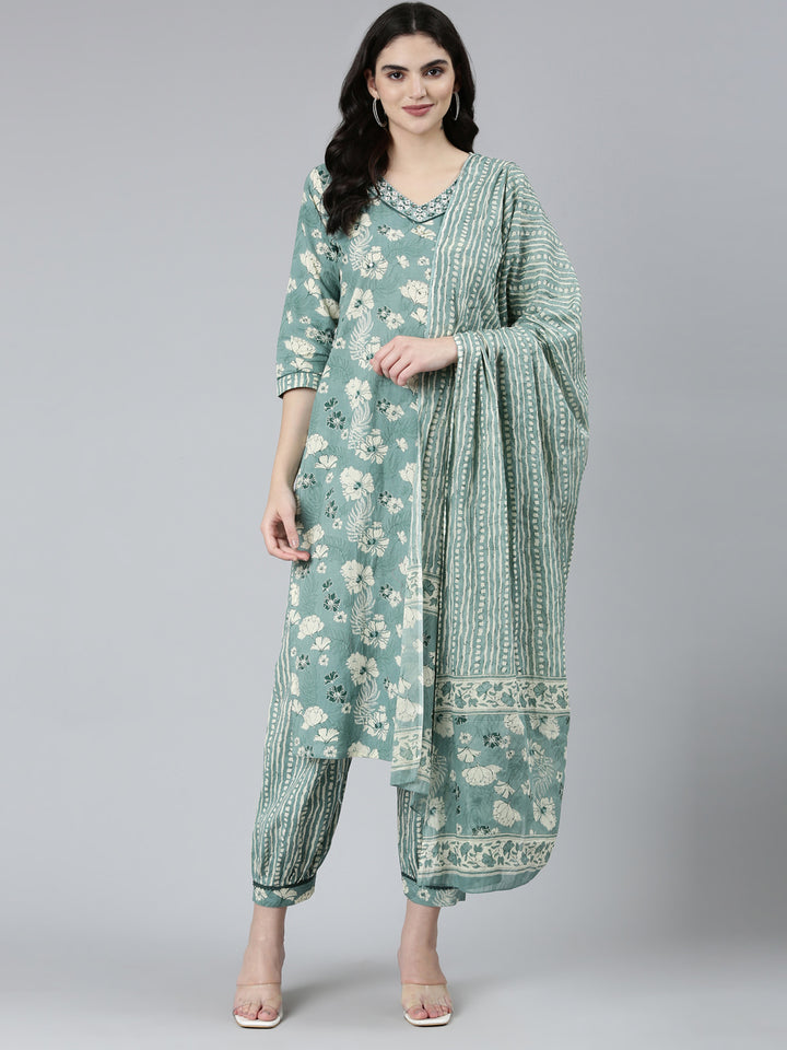 Neerus Green floral printed kurta set with salwar and dupatta - front view