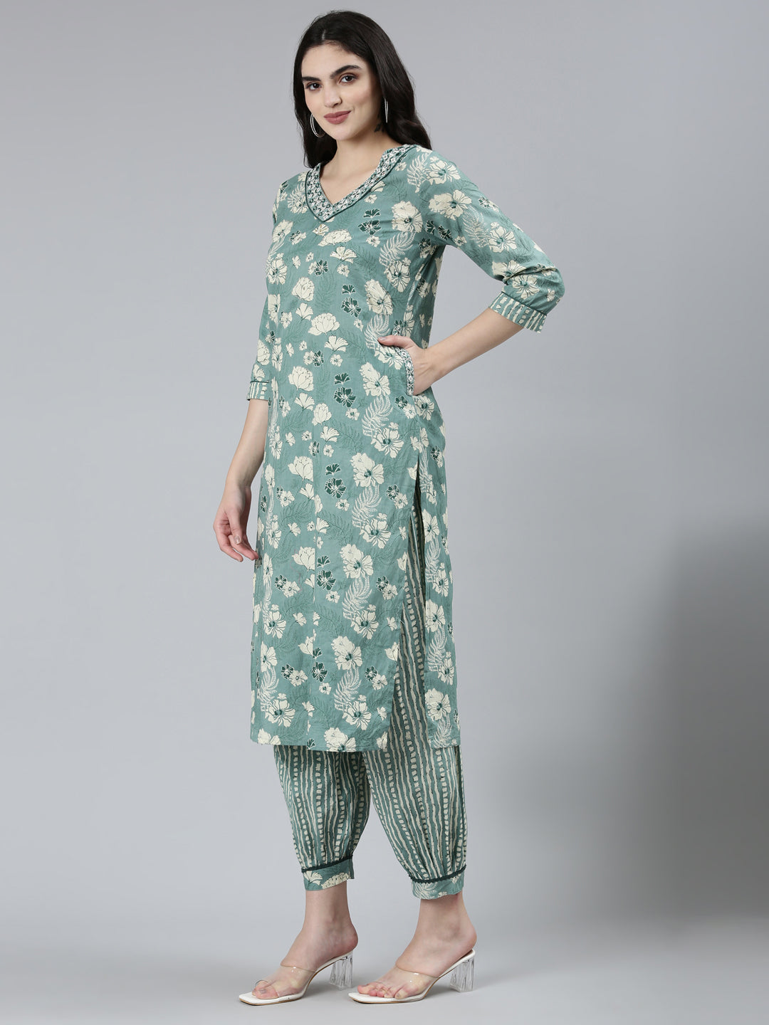 Neerus Green floral printed kurta set with salwar and dupatta - back view