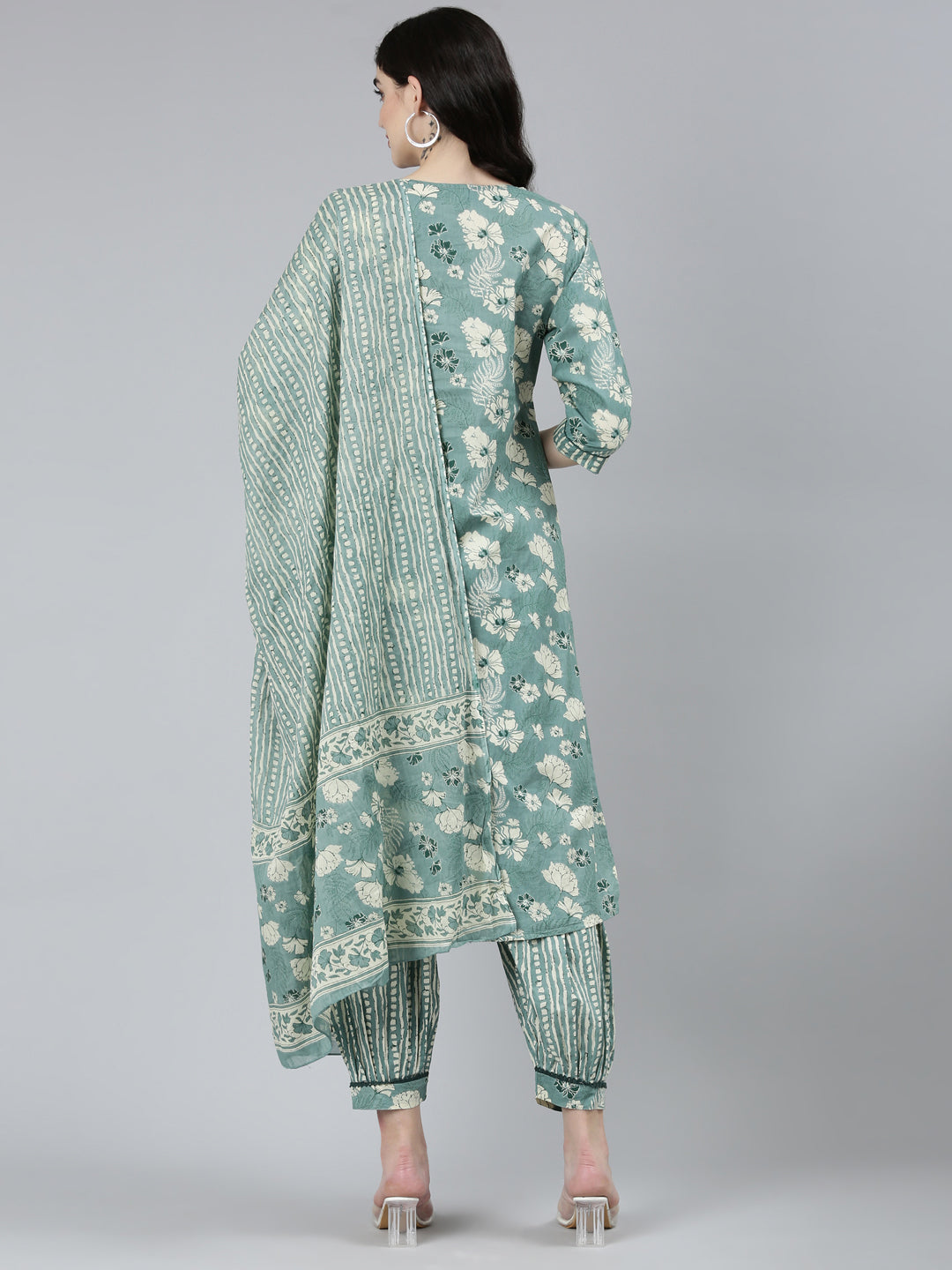 Neerus Green floral printed kurta set with salwar and dupatta - side view