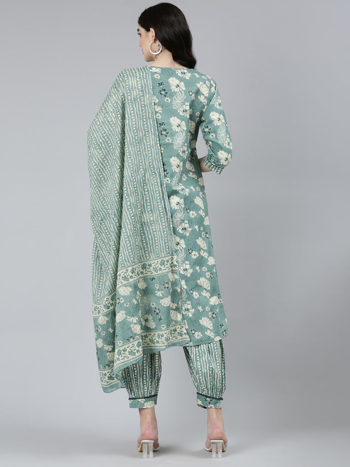 Neerus Green floral printed kurta set with salwar and dupatta - side view